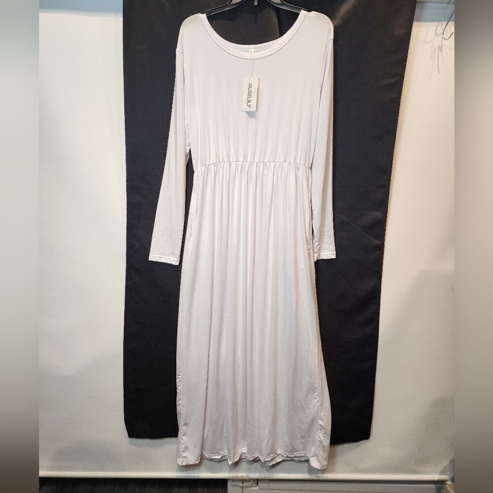 New White Maxi Sleeve Casual T-Shirt Dress‎ Soft Pockets Stretch Dress Size XL